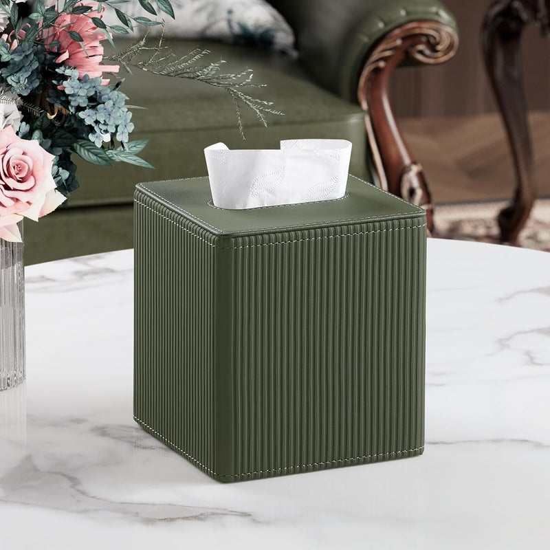 Cretkhp Tissue Box Cover Square with Magnetic Closure, PU Leather Tissue Box Holder for Bathroom NightStands Livingroom, Decorative Modern Square Tissue Holder (Green) - Image 2